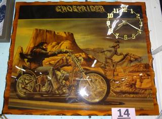 David Mann ハーレー イージーライダー ビンテージ 掛け時計 Ghost Rider Clock by Artist David Mann, Print on Wood, Looks in