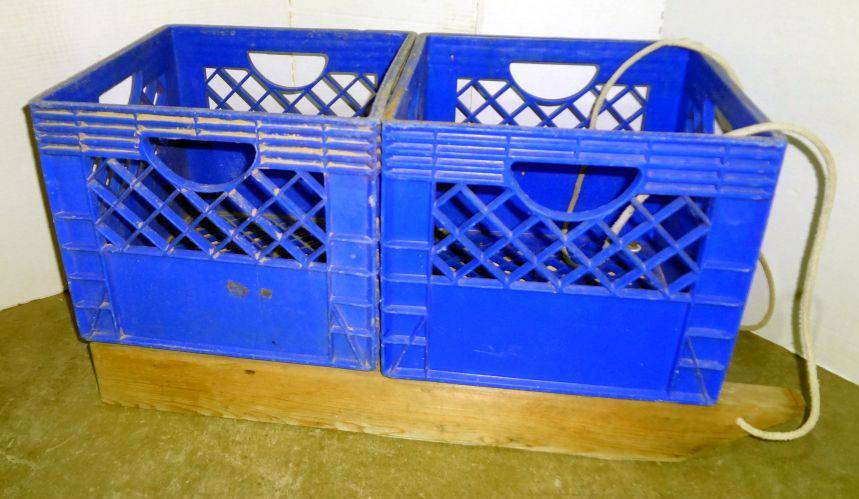 Ice Fishing Sled Two Milk Crates on Wood Runners With Pull Rope, 20W x  29L x 15H Good Condition. Auction