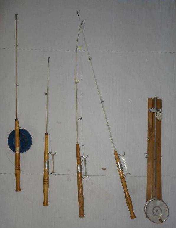 Four Old Fashion Ice Fishing Rods and One Wooden Tip Up, As Is