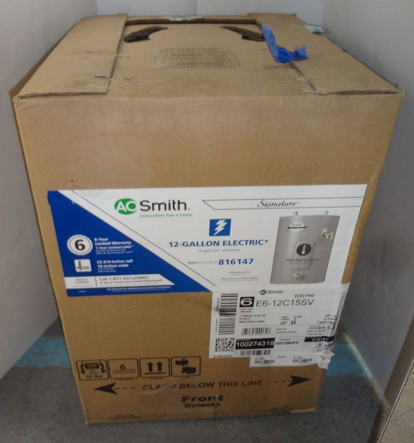 New in Box, AO Smith 12-Gallon 120V Compact Electric Water Heater, This Is  Perfect For Your Cabin, Garage Or Workshop, Easily Fits Under A Cabinet Or  In Other Tight Spaces And Is