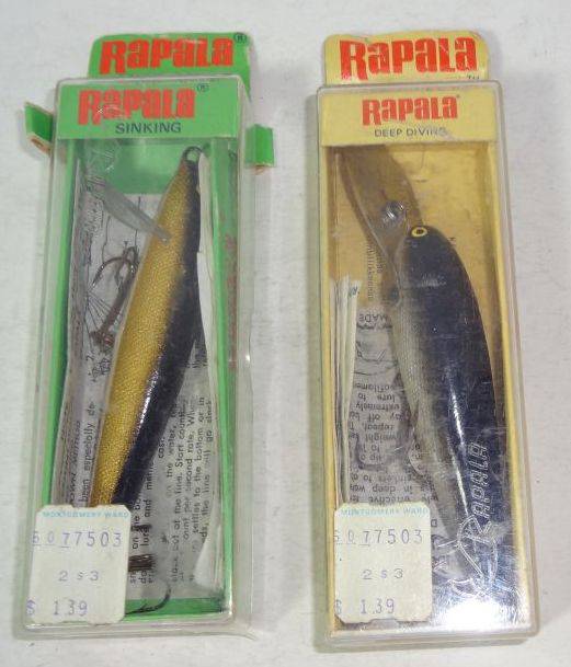 Two Old Finish Rapala Lures in Original Boxes, Both Purchased From  Montgomery Ward, One Is A Deep Diver 90 Original Finish Wobbler Minnow  Maybe Fished A Couple Times, Second Lure Is Count
